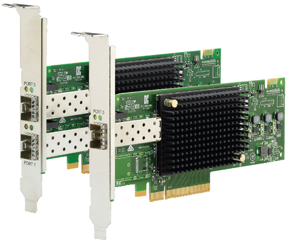 Emulex 16 Gb Gen 6 FC Single-port (right) and Dual-port (left) HBAs (without SFP+ modules)
