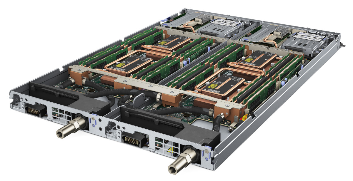 Two Lenovo ThinkSystem SD650 servers on the Compute Tray that provides water cooling