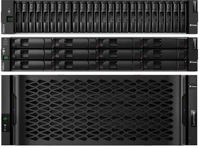 Lenovo ThinkSystem DE4000H 2U24 SFF (top), 2U12 LFF (middle), and 4U60 LFF (bottom)