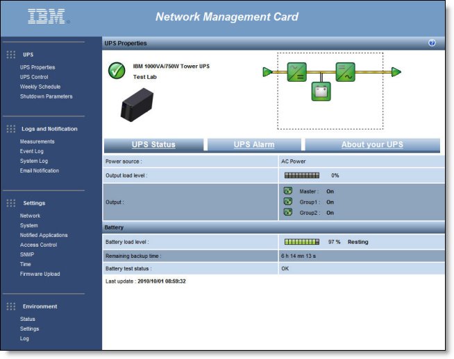 IBM LCD UPS Network Management Card (NMC) UPS properties window